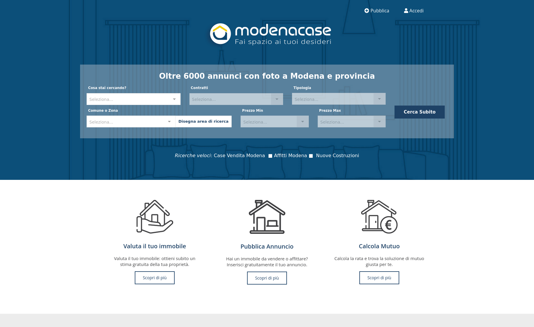 Screenshot della homepage del sito. Sviluppo portale immobiliare ModenaCase con Laravel.