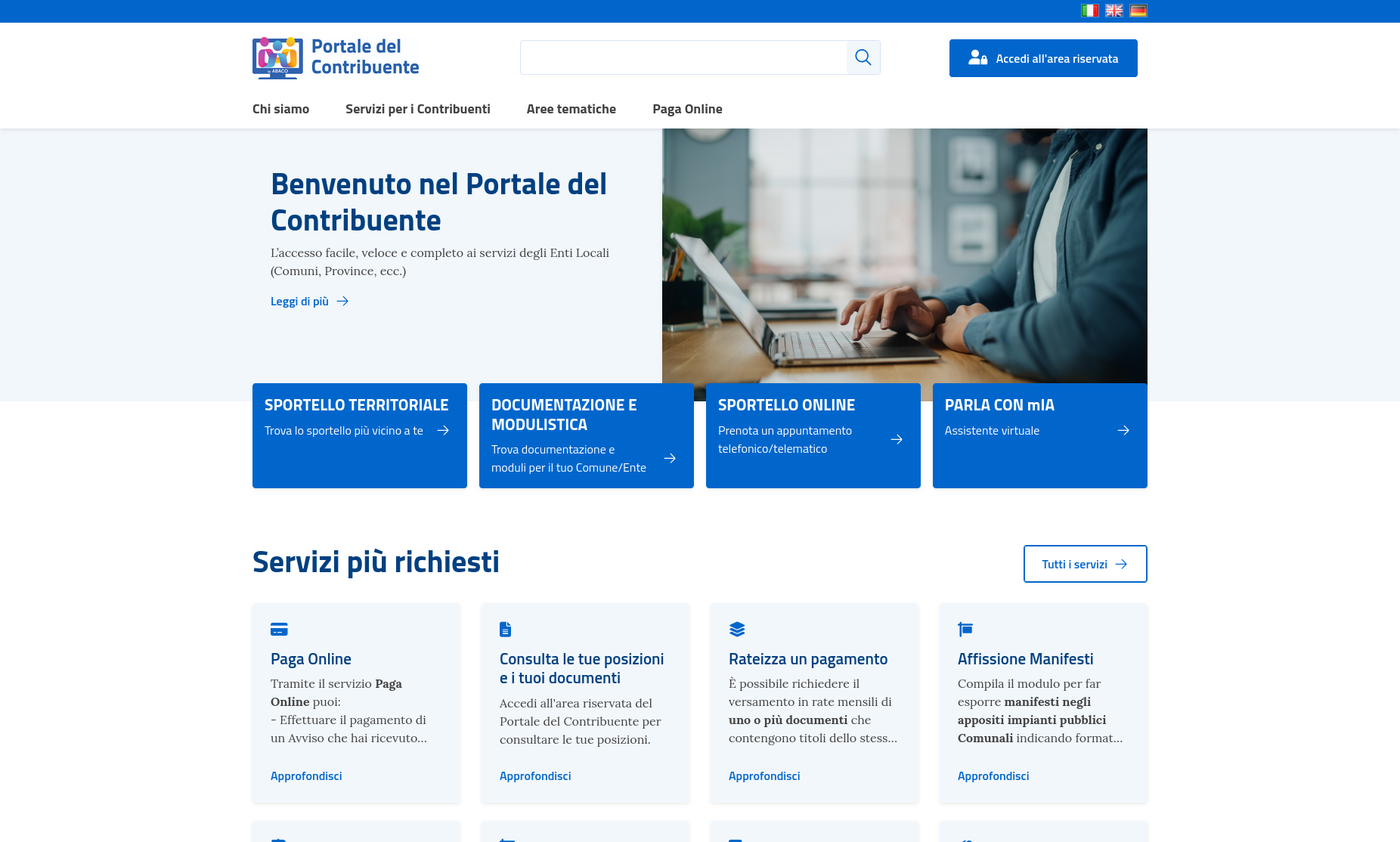 Screenshot della homepage del sito