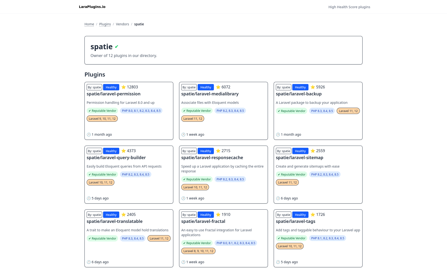 Spatie Vendor Page, showcasing all the plugins where they are the vendor.